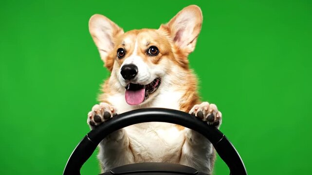 Welsh corgi dog sitting behind the steering wheel of a car facing forward on a green screen, isolated with chroma key, real shot. A corgi dog is driving a car / vehicle.
