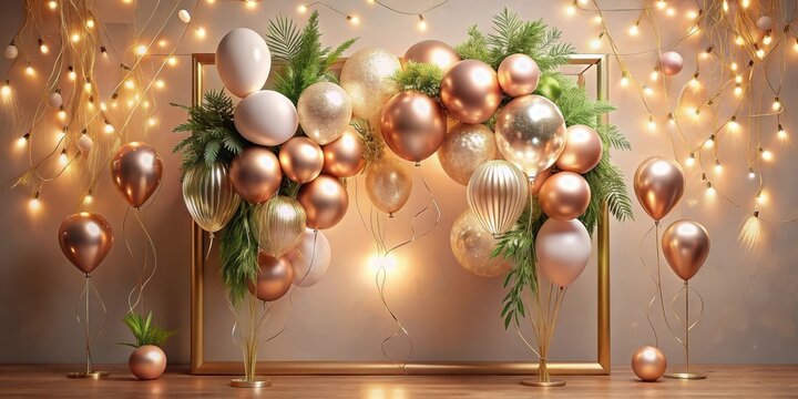 Elegant festive arrangement with rose gold and cream balloons, adorned with lush greenery, illuminated by warm string lights, and displayed within a golden frame on a wooden surface