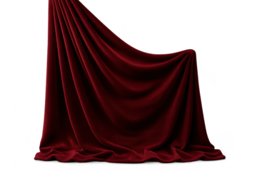 Red velvet curtain fabric draping on transparent background