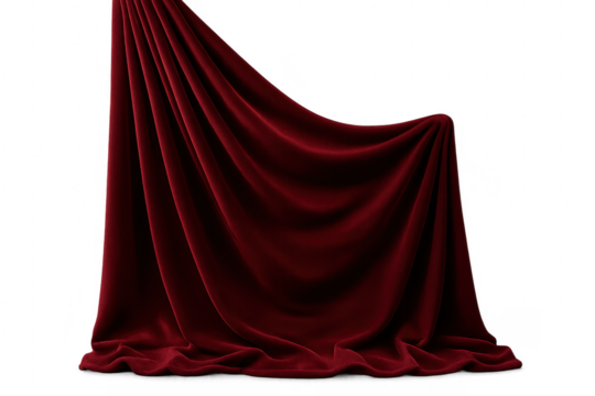 Red velvet curtain fabric draping on transparent background