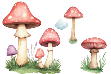 Watercolor hand-drawn mushrooms and clouds, vector illustration on a white background with a set of different signboard clipart.

