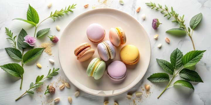 Pastel-colored macarons arranged artfully on a plate, surrounded by delicate green sprigs and small, scattered elements, creating a serene and aesthetically pleasing composition.