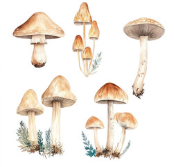 Watercolor mushrooms, clouds, and a triangular sign clipart set, isolated on a white background.