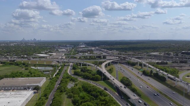 Aerial View of Highway Stack Interchange with Austin Skyline Beyond