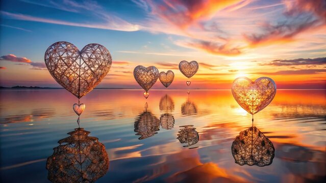 Romantic heartshaped ornaments floating serenely on calm water at sunset, reflecting the vibrant colors of the sky and creating a magical, peaceful atmosphere.
