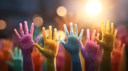 Colorful hands raised in unity under bright sunlight.