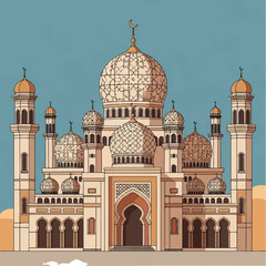 Grand Islamic Mosque with Ornate Domes and Minarets Illustration.