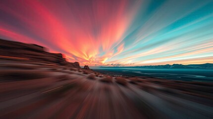 Naklejka premium A composition in warm terracotta and cool teal, depicting a beautiful aurora view in dynamic motion with blurred lines and action poses