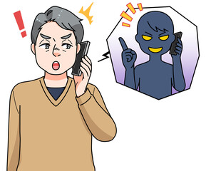 詐欺電話の対応をする高齢男性