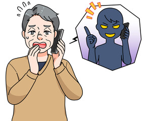 詐欺電話の対応をする高齢男性