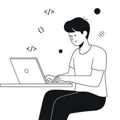 Young man typing on laptop with coding symbols and abstract shapes computer