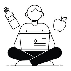 Person sitting cross legged with laptop water bottle and apple computer