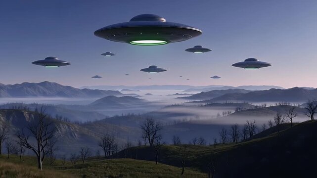 Pixelated Ufos Hovering over Hilly Landscape with Bare Trees Silhouetted against a Clear Sky Creating a Sense of Mystery and Intrigue in the Countryside