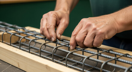Skilled worker assembling steel reinforcement cage by hand, fastening steel bars for concrete structure in construction process, precise manual labor detail