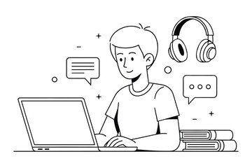 Young person with headphones working on a laptop with books and speech bubbles male student