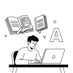 Person at desk using laptop with books and magnifying glass floating above table