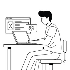 Person sitting at desk working on laptop with website design elements and gear icon table
