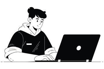 Young person with dark hair in a bun wearing a black hoodie typing on a black laptop computer male female