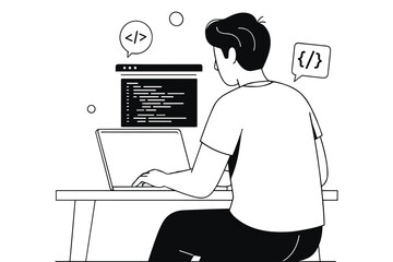 Person coding on laptop with code symbols in speech bubbles programmer developer