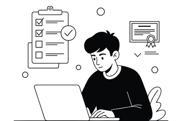 Young man at laptop with checklist and certificate icons computer to do list