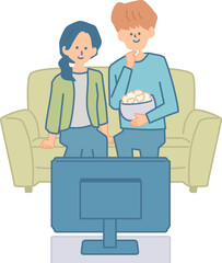 一緒にテレビを見るカップルのイラスト