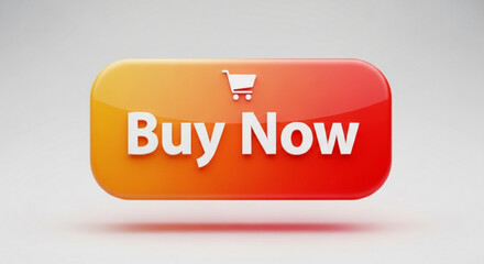 3d render of a glossy orange and red button with the words buy now and a shopping cart icon, represents online shopping