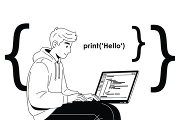 Young man in hoodie typing on laptop with print Hello code on screen surrounded by large curly braces