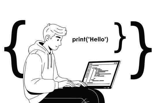 Young man in hoodie typing on laptop with print Hello code on screen surrounded by large curly braces