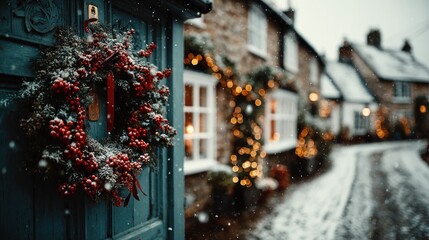 Charming Winter Scene Featuring a Decorated Door and Snowy Village Street at Christmas