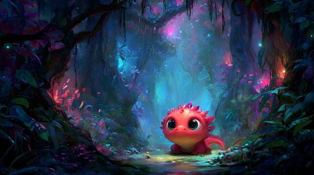 Small red dragon sits in a glowing, magical forest at night. - Powered by Adobe