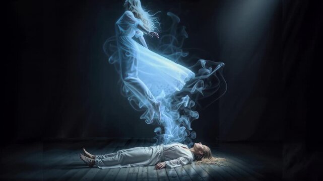 Ethereal soul departing body in near-death experience with luminous spirit form ascending through mystical light in transcendent spiritual moment