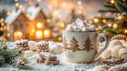 Mug snowy village christmas decoration light holiday cozy cup with marshmallow and cookies on snow near fir and glowing houses