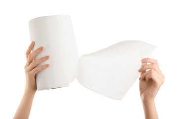 Woman tearing paper towel from roll on white background
