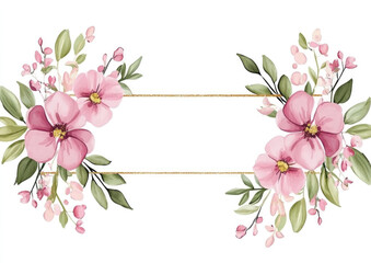 Watercolor floral borders and frames, pastel pink color palette, with small flowers at the bottom of each border, on a white background.

