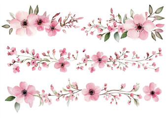 Watercolor floral borders and frames, pastel pink color palette, with small flowers at the bottom of each border, on a white background.


