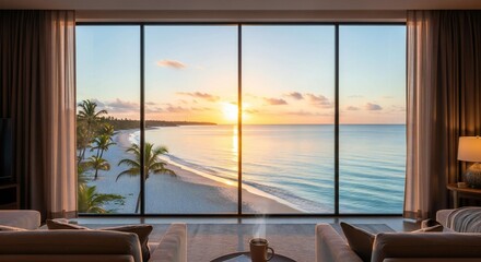 Fototapeta premium Bedroom Interior Secne with Window Show a Beach.