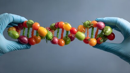 Hands in gloves hold colorful produce forming a DNA strand structure.