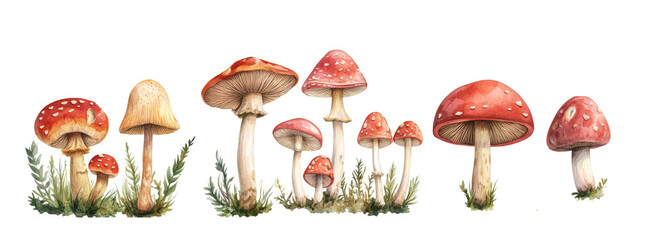 Watercolor mushrooms, in various shapes and sizes, with blank signs, in a clipart style on a white background.

