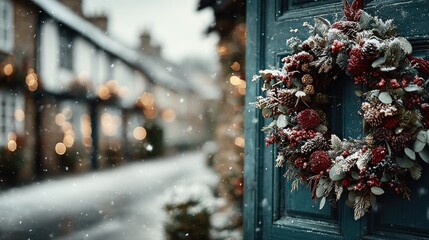 Winter Christmas Wreath on Door with Snowfall and Charming Village in Background