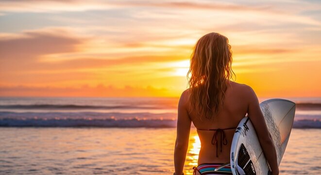 A Female Sufer Walking in Beach Hand Holding Surfboard.