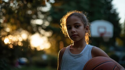 Confident young girl holding a basketball outdoors at sunset, with warm evening light highlighting her determination and passion for sports and active outdoor lifestyle