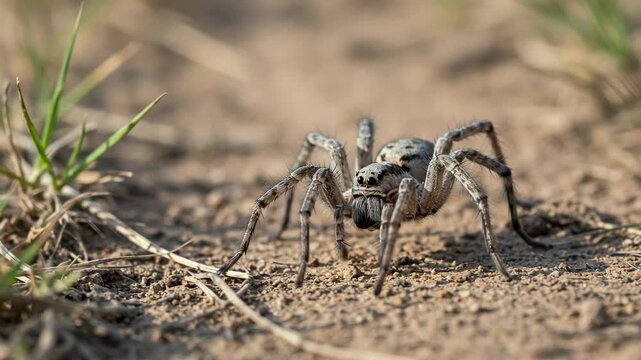 Macro Shot of a Grey Spider Crawling on Brown Soil with a Patch of Green Grass in Background