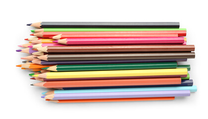 Many colorful pencils on white background