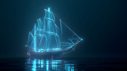 Glowing blue wireframe galleon ship sails on dark water.