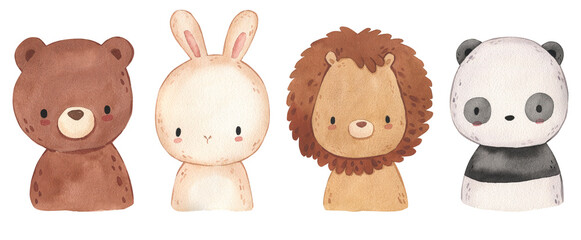 Watercolor bear, bunny, lion, panda illustration for kids