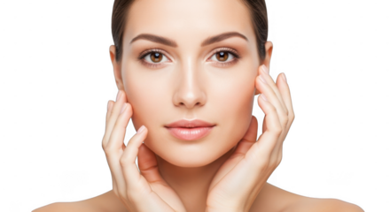 Beautiful woman touching her face with soft skin and natural makeup isolated on transparent background