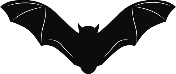 Black silhouette of a bat with fully spread wings on a white background, symbolizing night, mystery, or Halloween decoration themes.