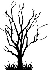 Black silhouette of a bare tree with twisted branches and grass at the base, symbolizing winter, decay, or nature’s simplicity.