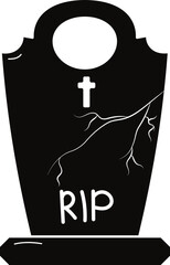 Black silhouette of a tombstone with a cross and RIP text, perfect for Halloween, horror themes, or graveyard designs.