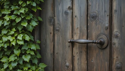 Rustic farmhouse door with vintage handle and climbing ivy plants